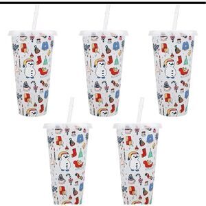 Christmas Color Changing Cups 5 Pcs Plastic Xmas Cups Reusable Travel Lids Straw